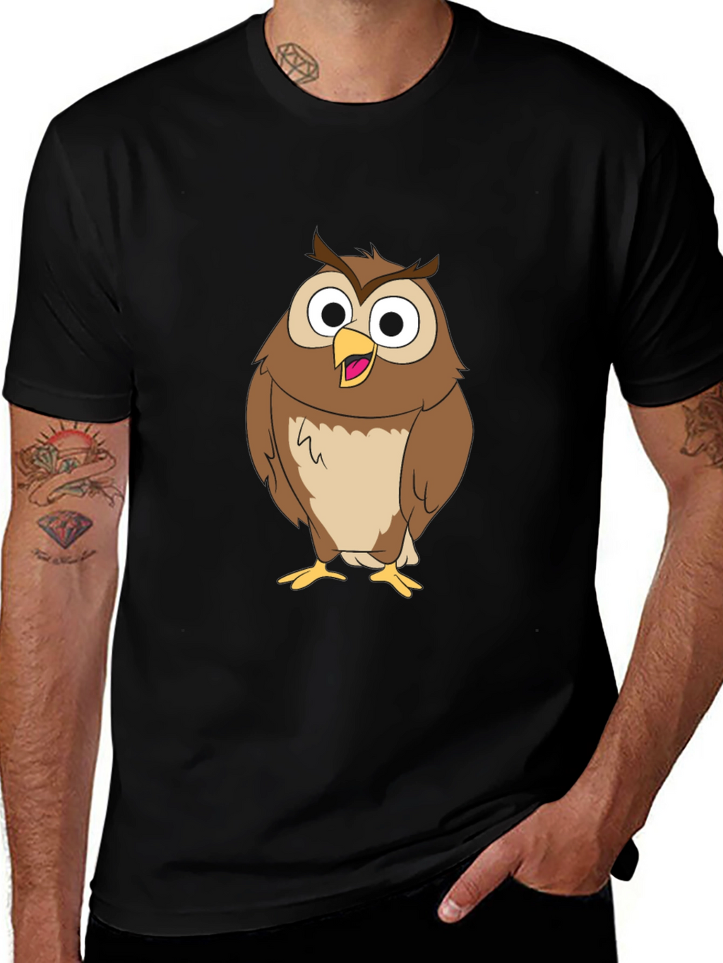 Funny Owl Graphic Print Black T-Shirt