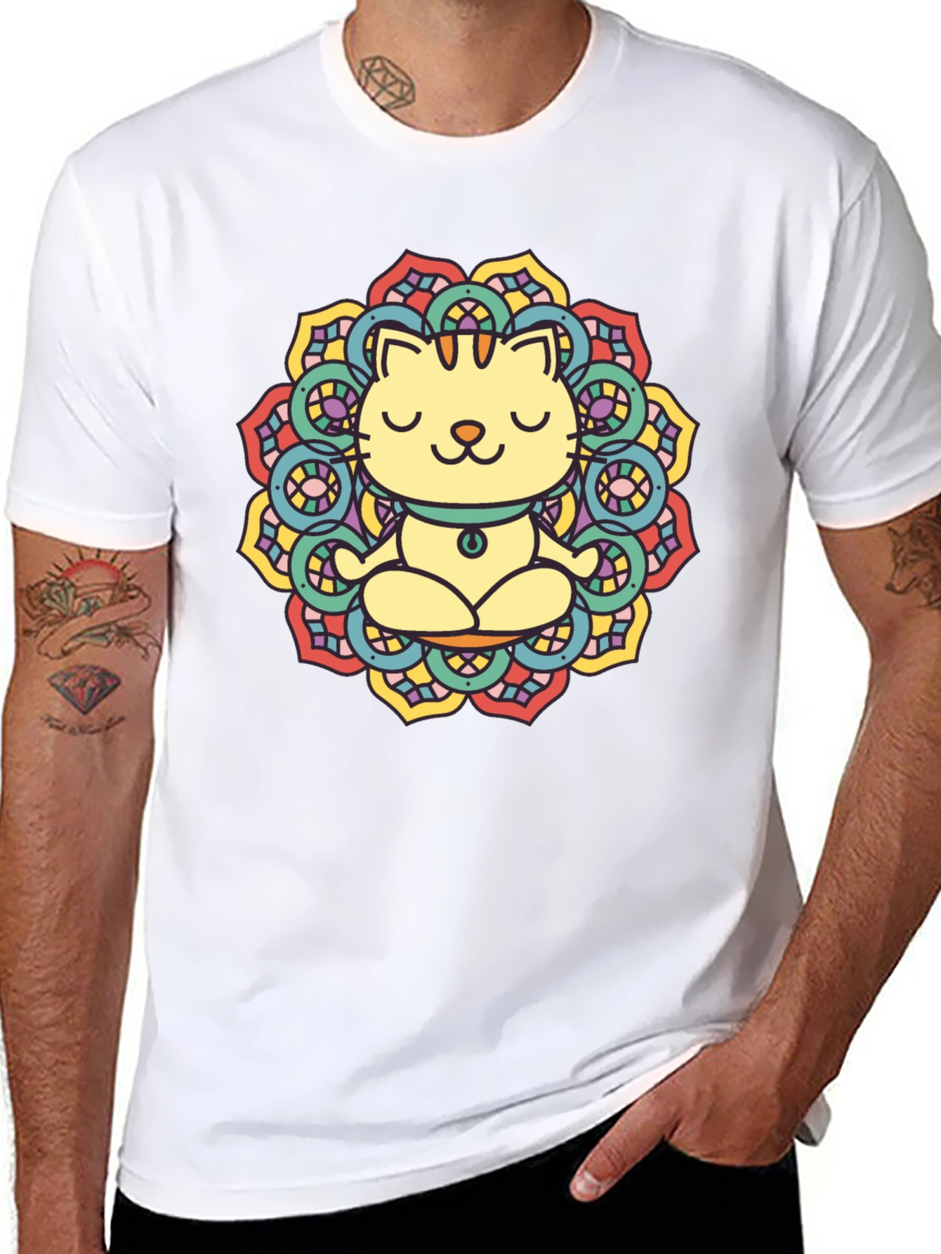 Zen Cat Mandala T-Shirt - Black Cotton Tee