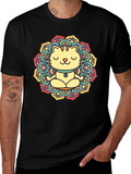 Zen Cat Mandala T-Shirt - Black Cotton Tee