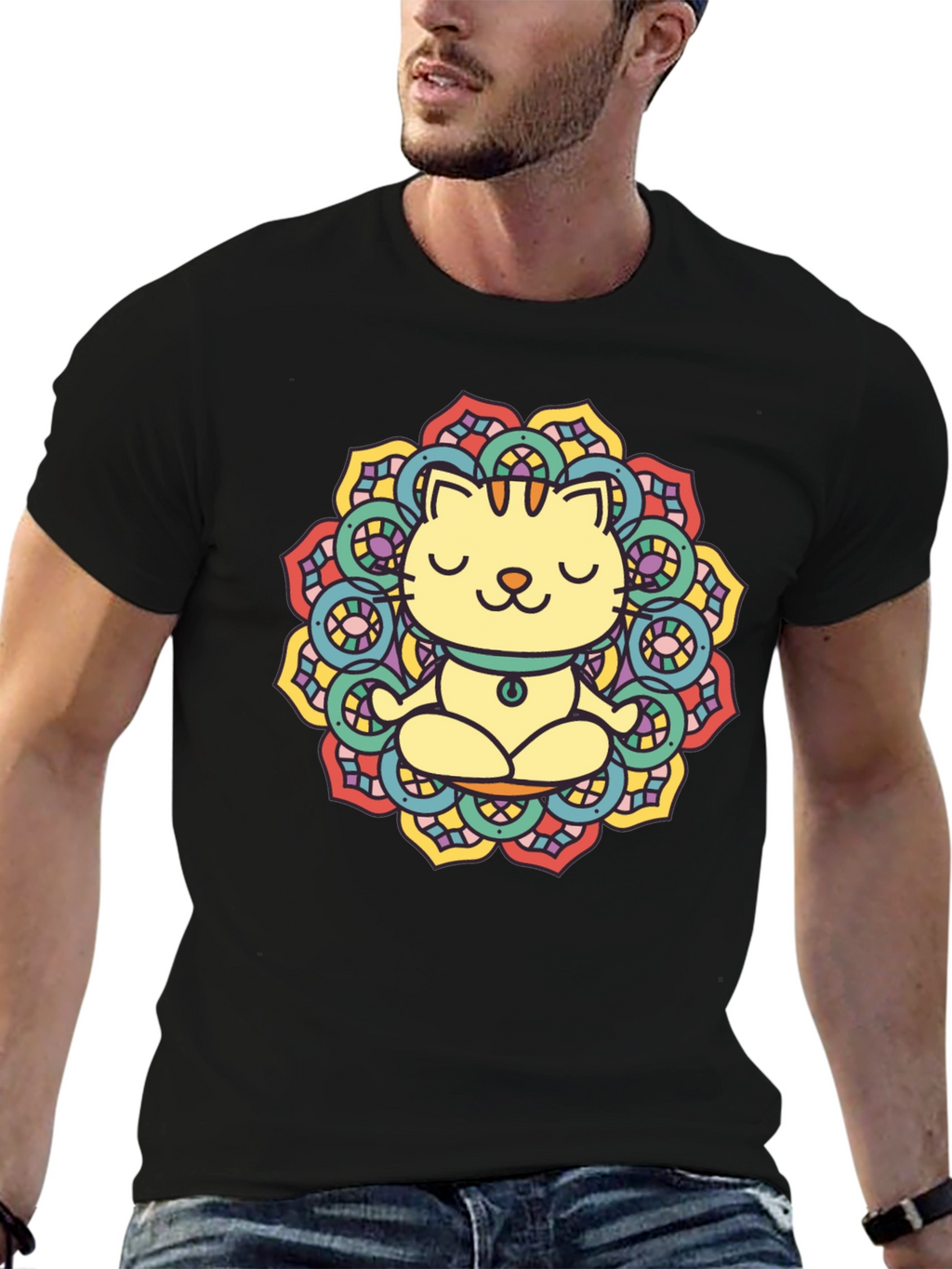 Zen Cat Mandala T-Shirt - Black Cotton Tee