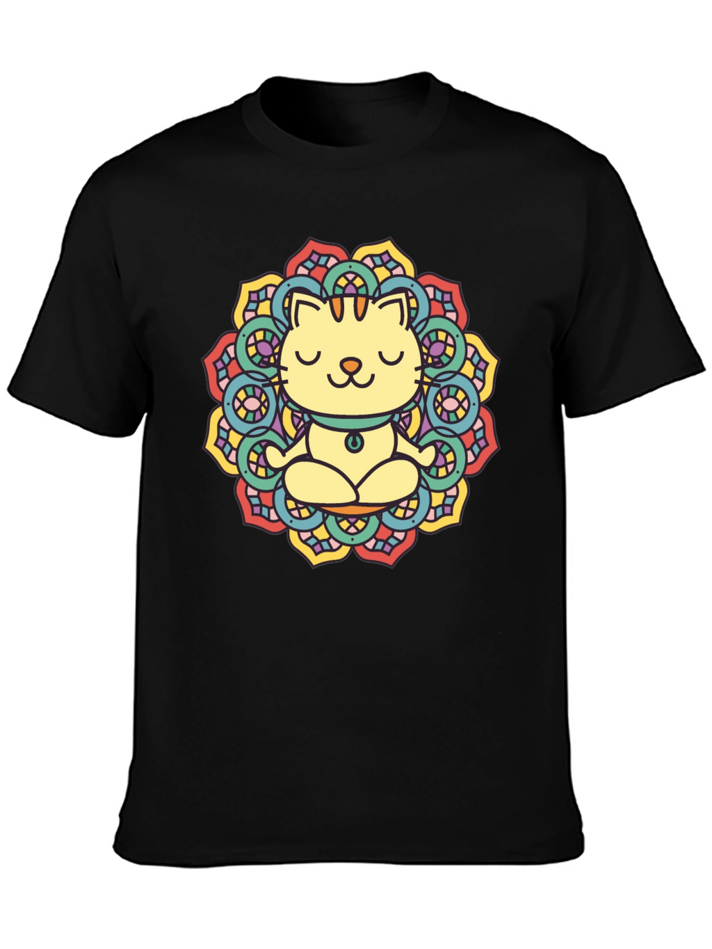 Zen Cat Mandala T-Shirt - Black Cotton Tee