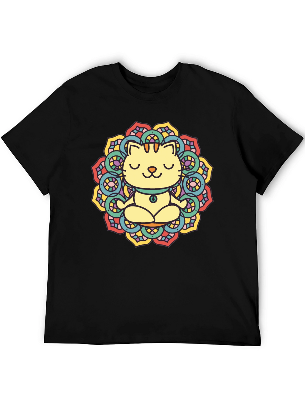 Zen Cat Mandala T-Shirt - Black Cotton Tee
