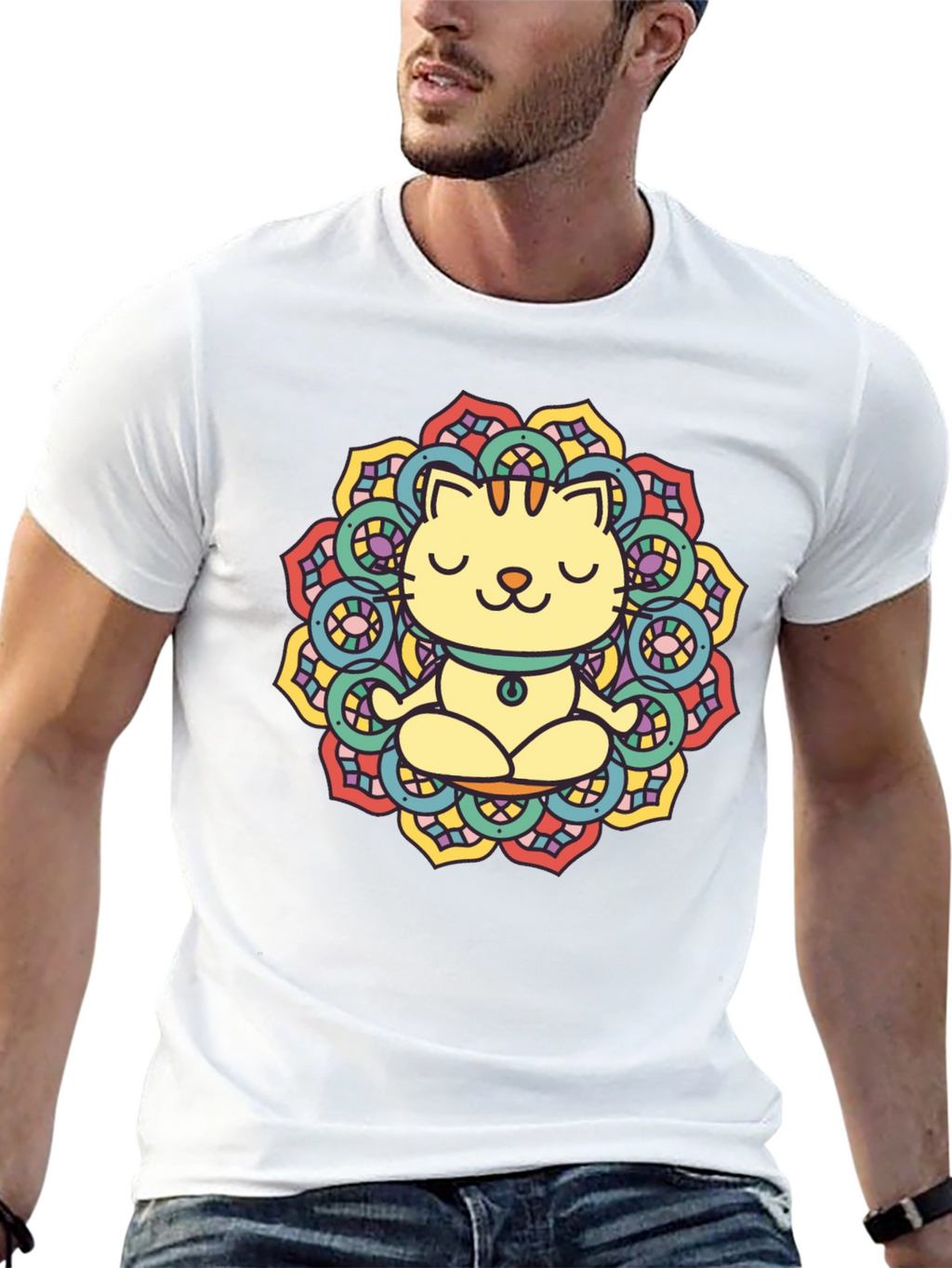 Zen Cat Mandala T-Shirt - Black Cotton Tee