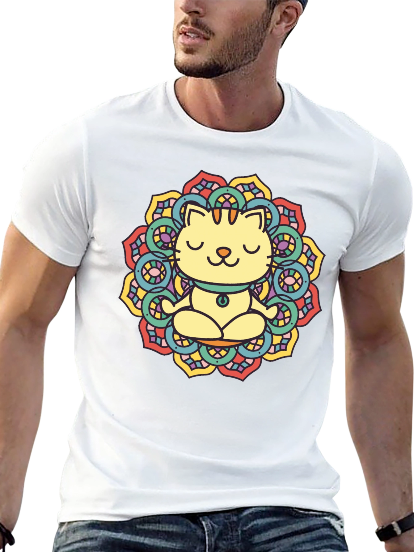 Zen Cat Mandala T-Shirt - Black Cotton Tee