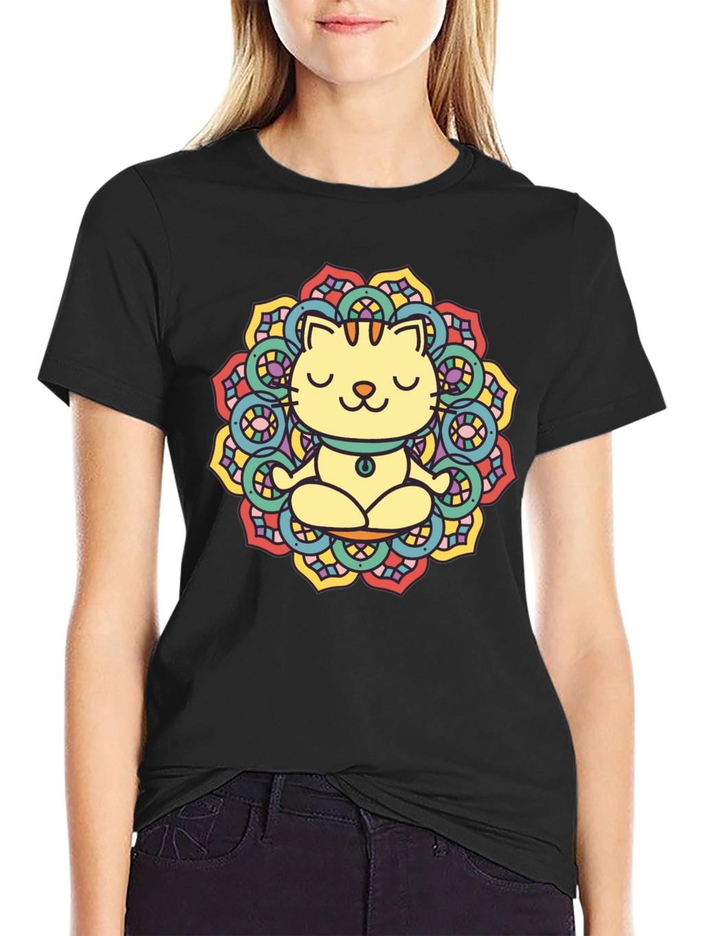 Zen Cat Mandala T-Shirt - Black Cotton Tee