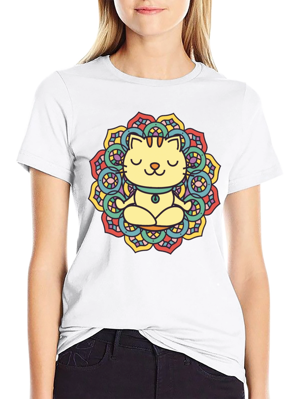 Zen Cat Mandala T-Shirt - Black Cotton Tee