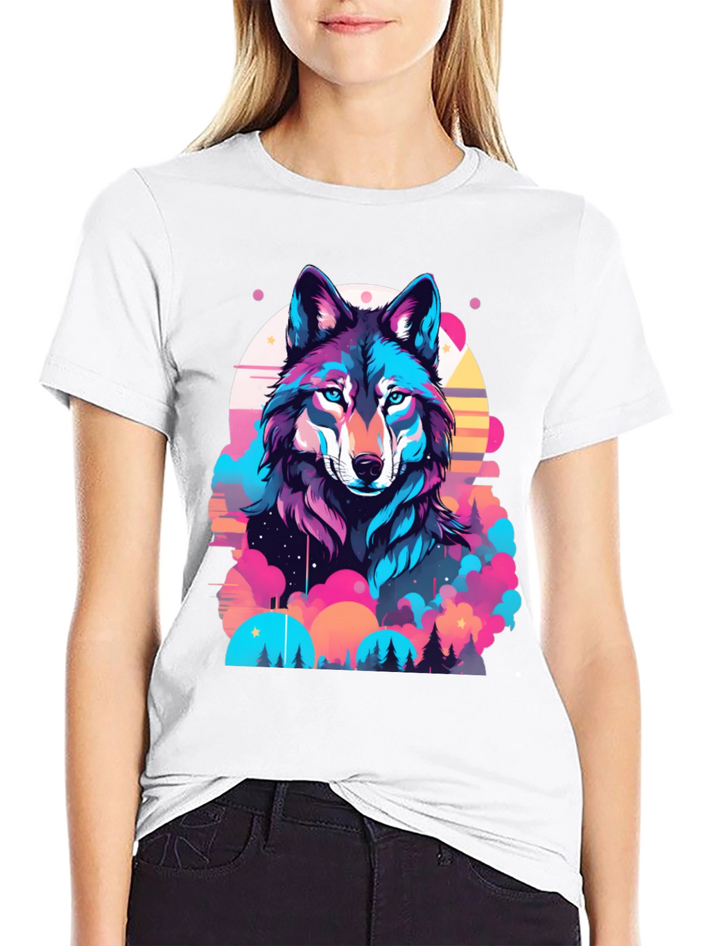Vibrant Wolf Graphic Print Black T-Shirt