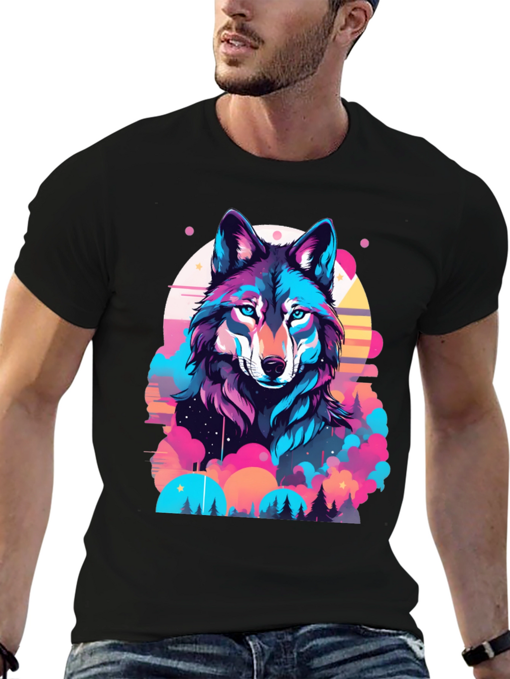 Vibrant Wolf Graphic Print Black T-Shirt