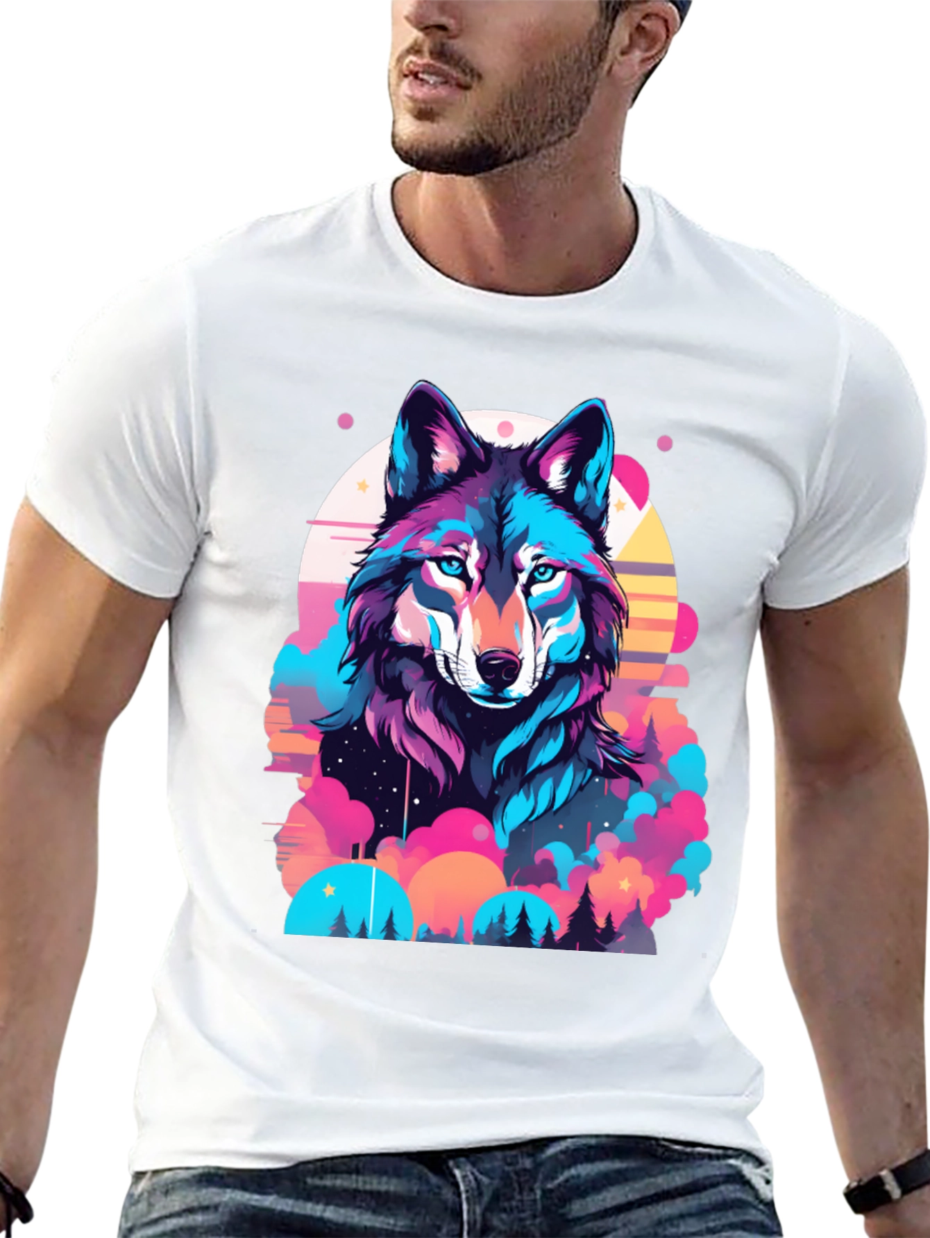 Vibrant Wolf Graphic Print Black T-Shirt