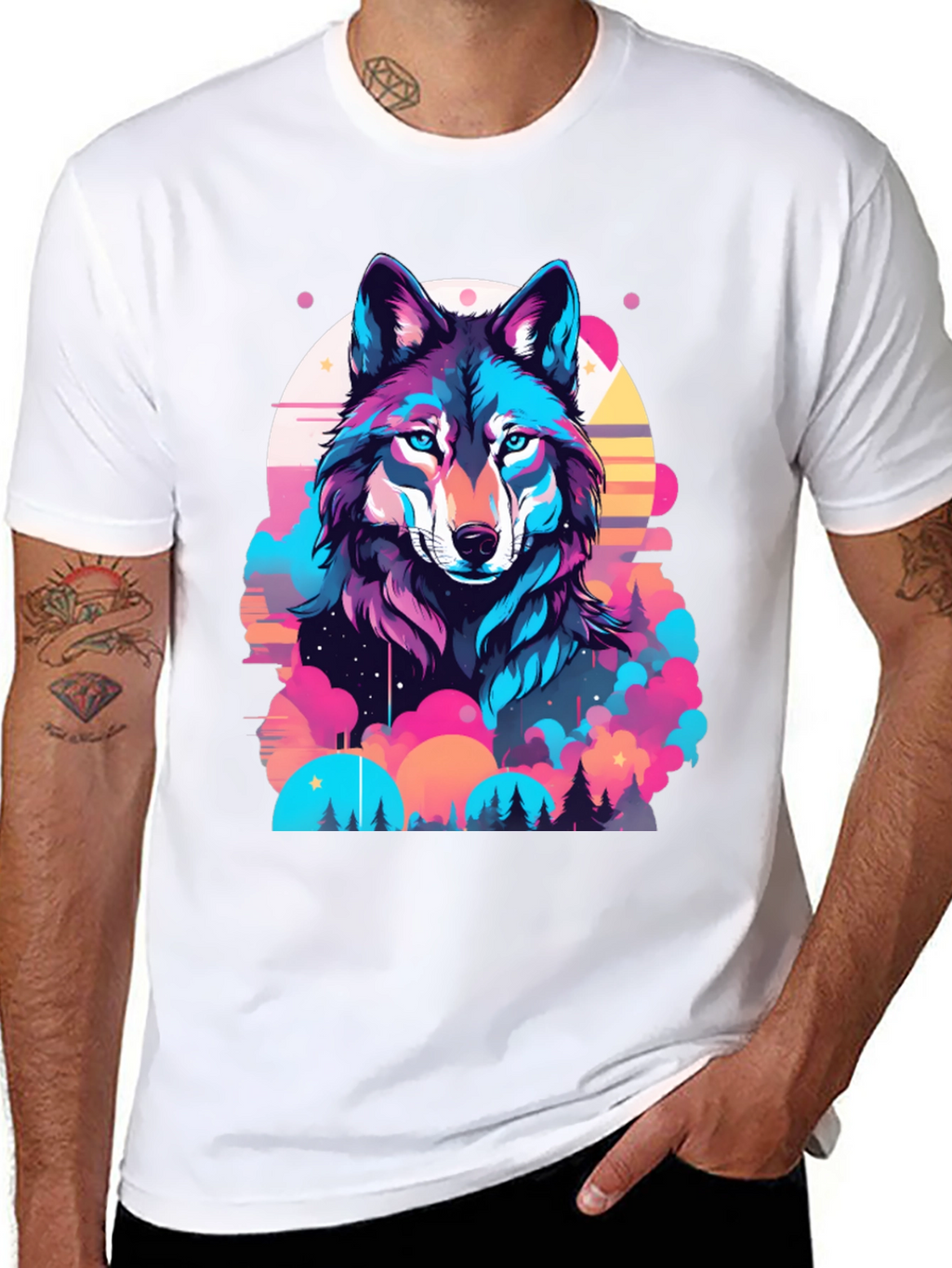 Vibrant Wolf Graphic Print Black T-Shirt