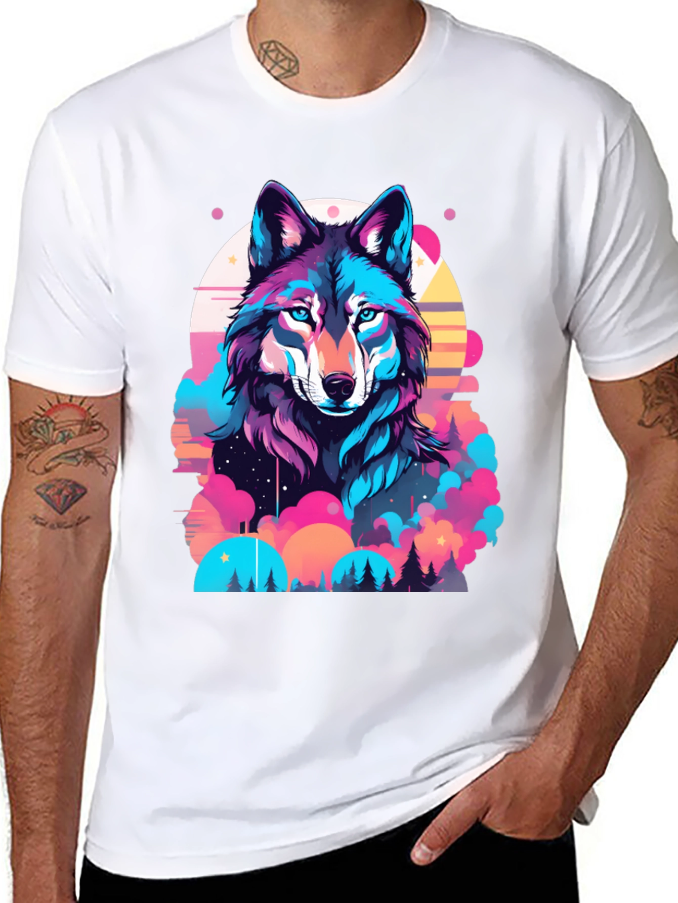 Vibrant Wolf Graphic Print Black T-Shirt