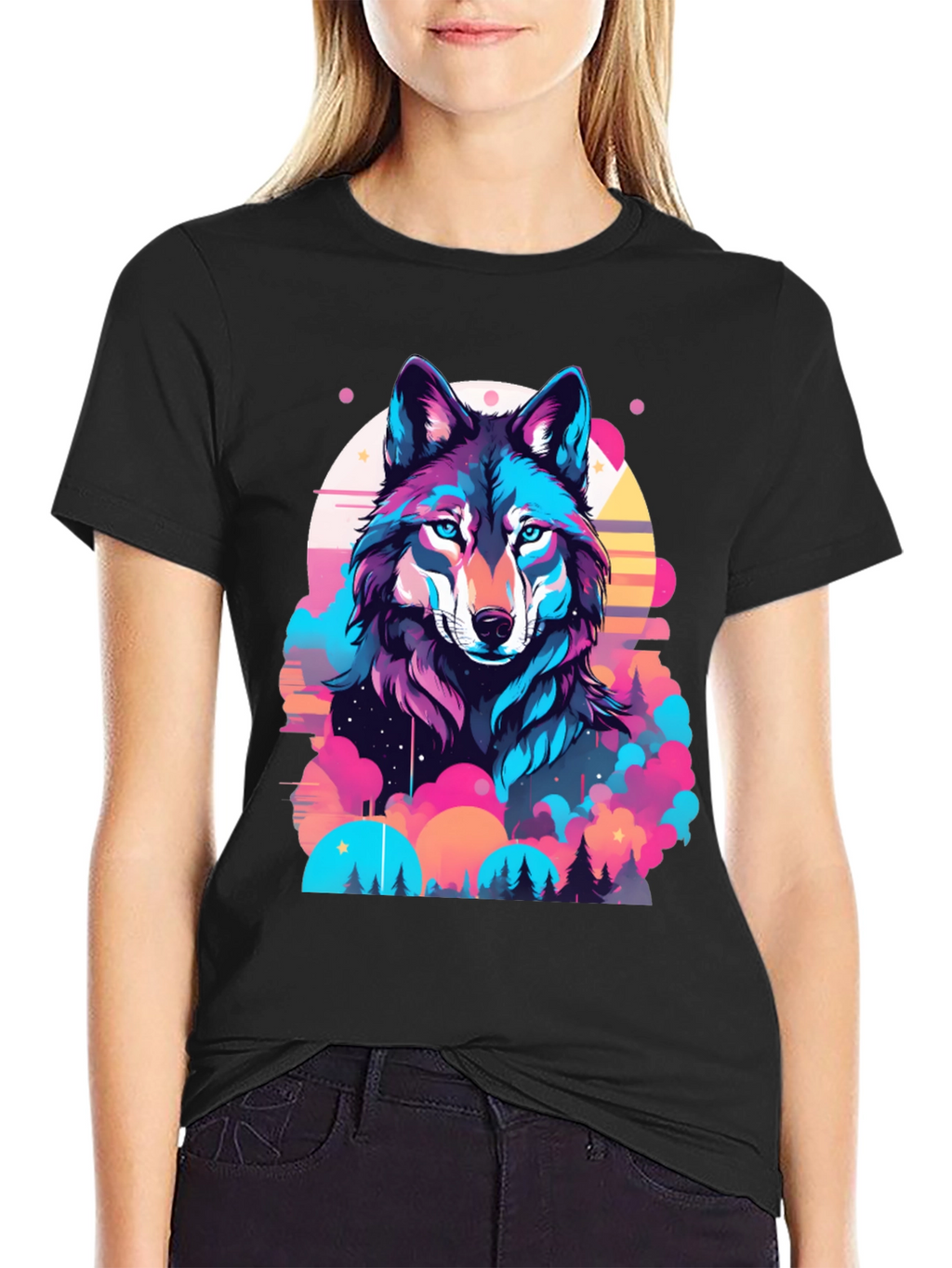 Vibrant Wolf Graphic Print Black T-Shirt
