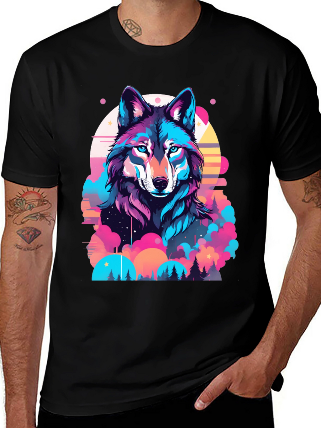 Vibrant Wolf Graphic Print Black T-Shirt