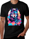 Vibrant Wolf Graphic Print Black T-Shirt