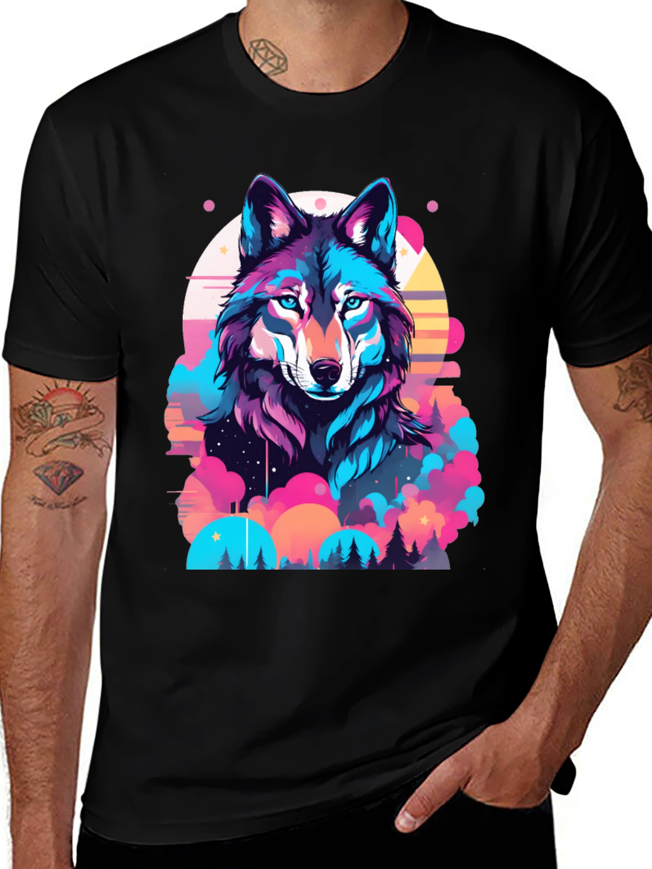 Vibrant Wolf Graphic Print Black T-Shirt