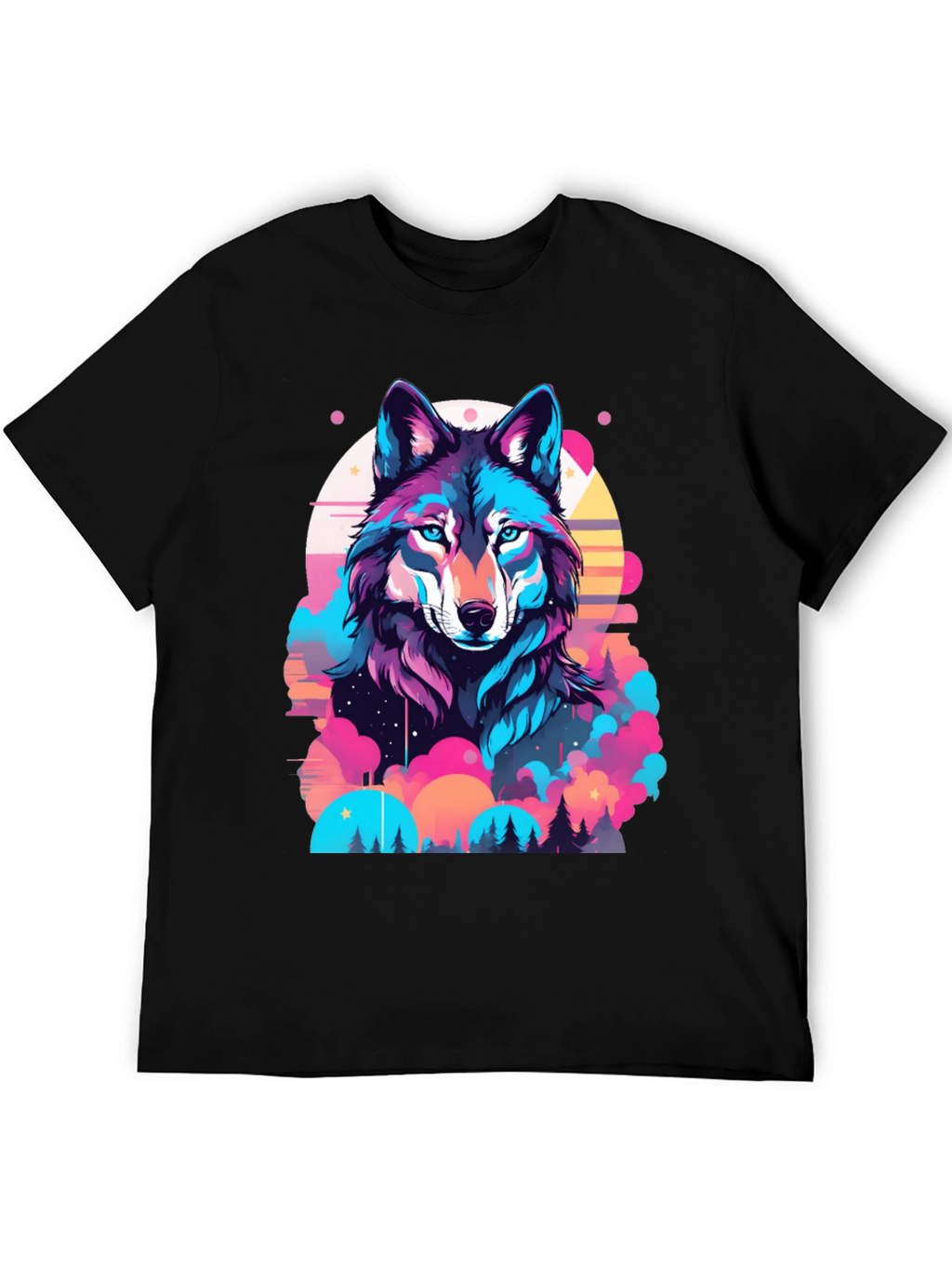 Vibrant Wolf Graphic Print Black T-Shirt