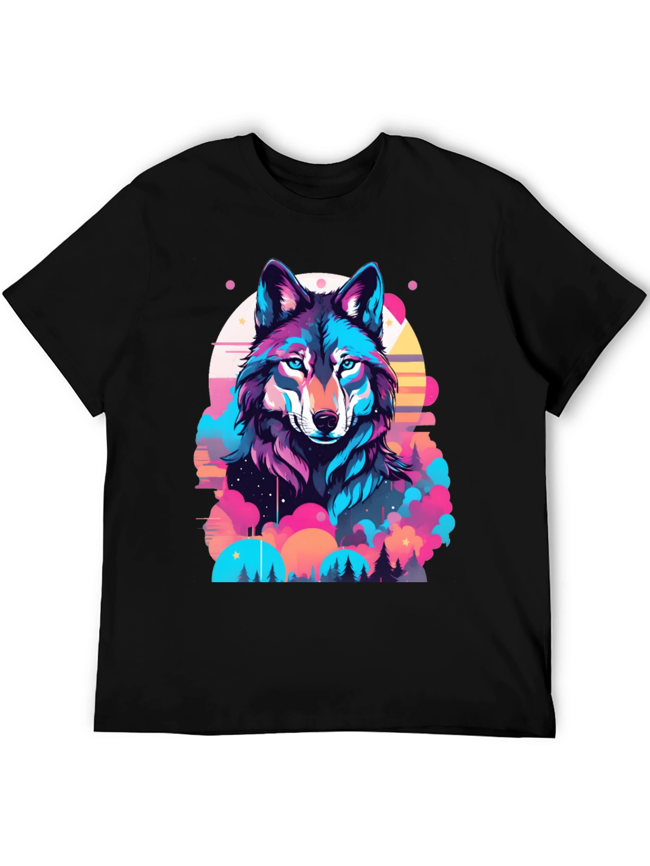 Vibrant Wolf Graphic Print Black T-Shirt