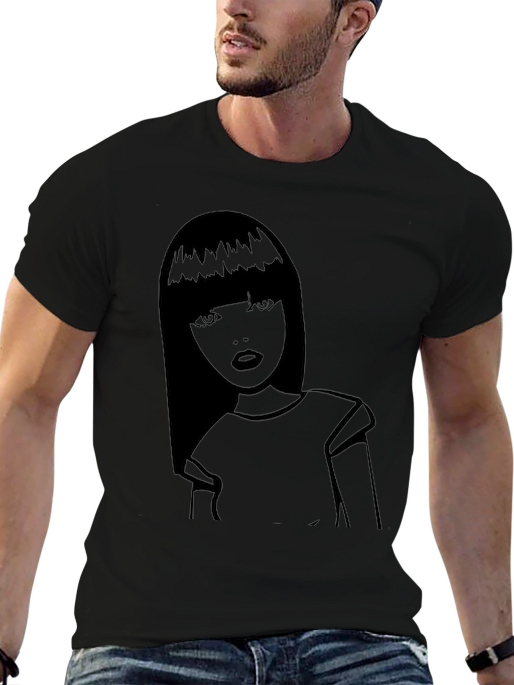 Graphic Tee - Stylish Girl Print Black Cotton Shirt