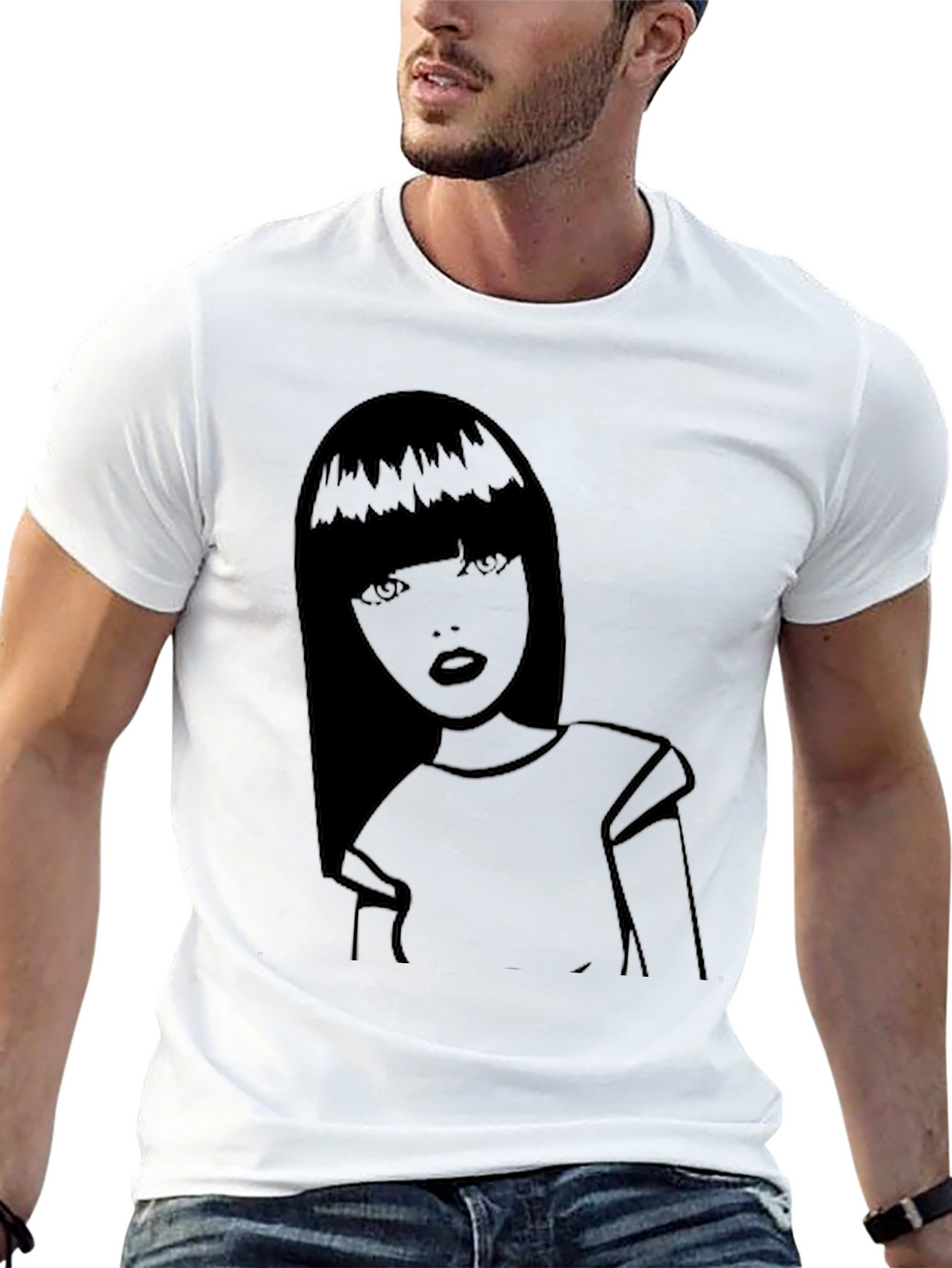 Graphic Tee - Stylish Girl Print Black Cotton Shirt
