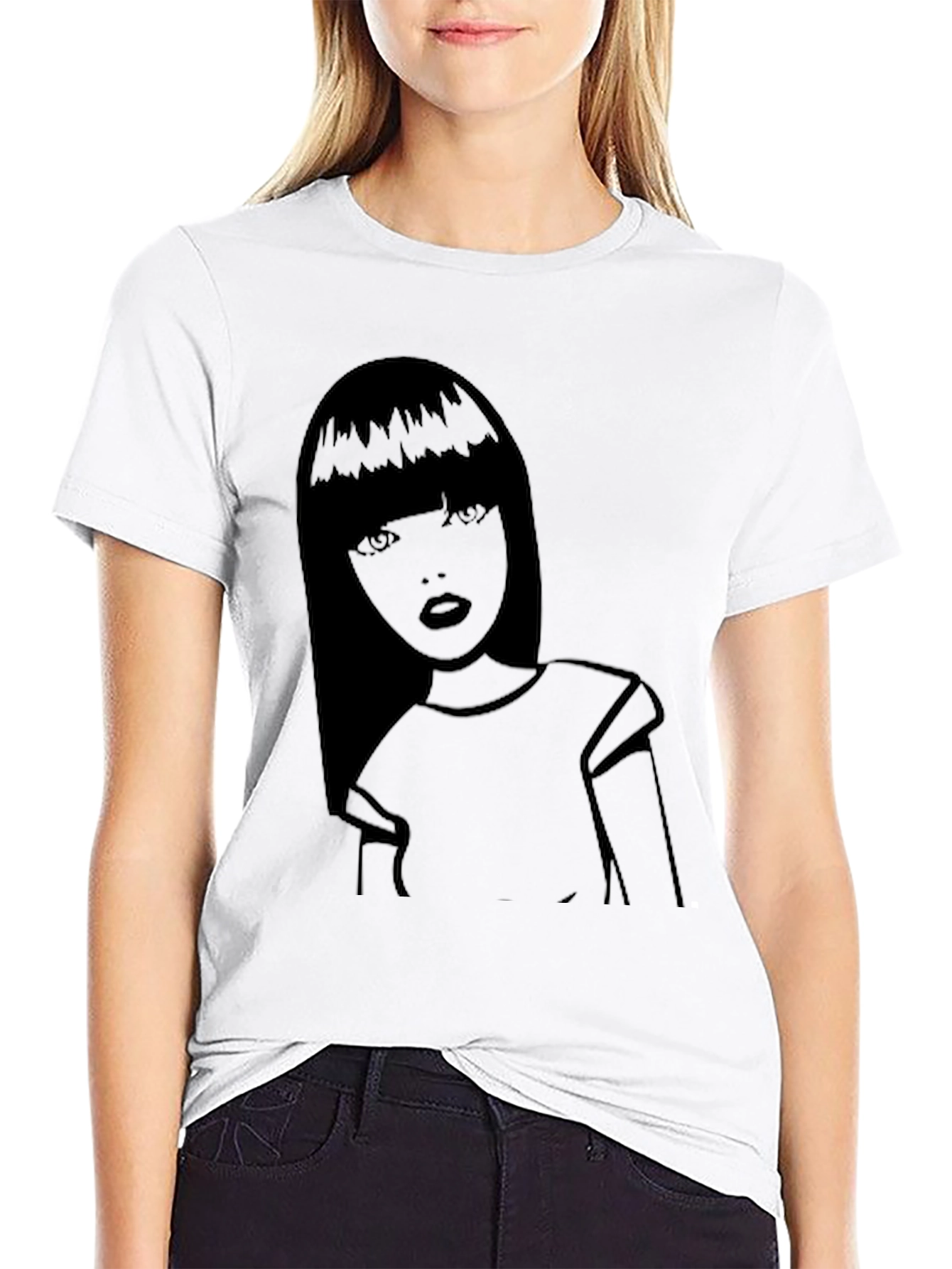 Graphic Tee - Stylish Girl Print Black Cotton Shirt