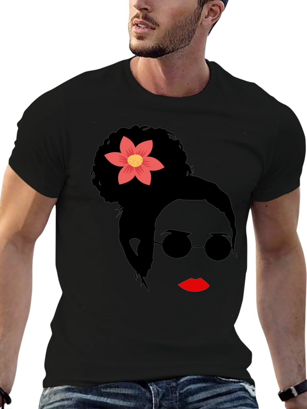 Stylish Woman with Flower Graphic T-Shirt