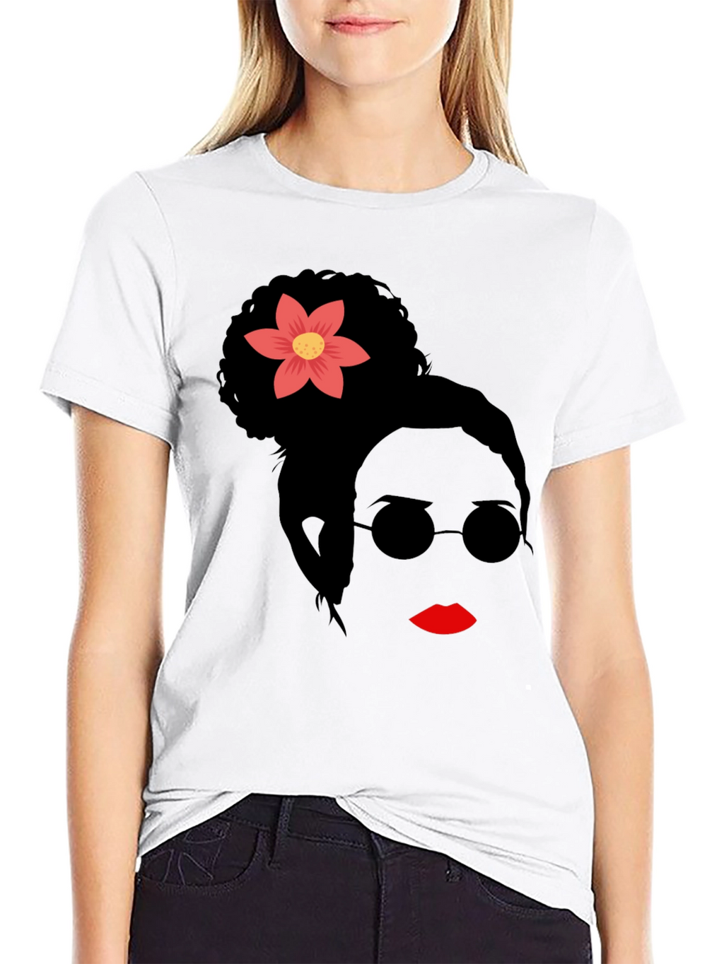 Stylish Woman with Flower Graphic T-Shirt