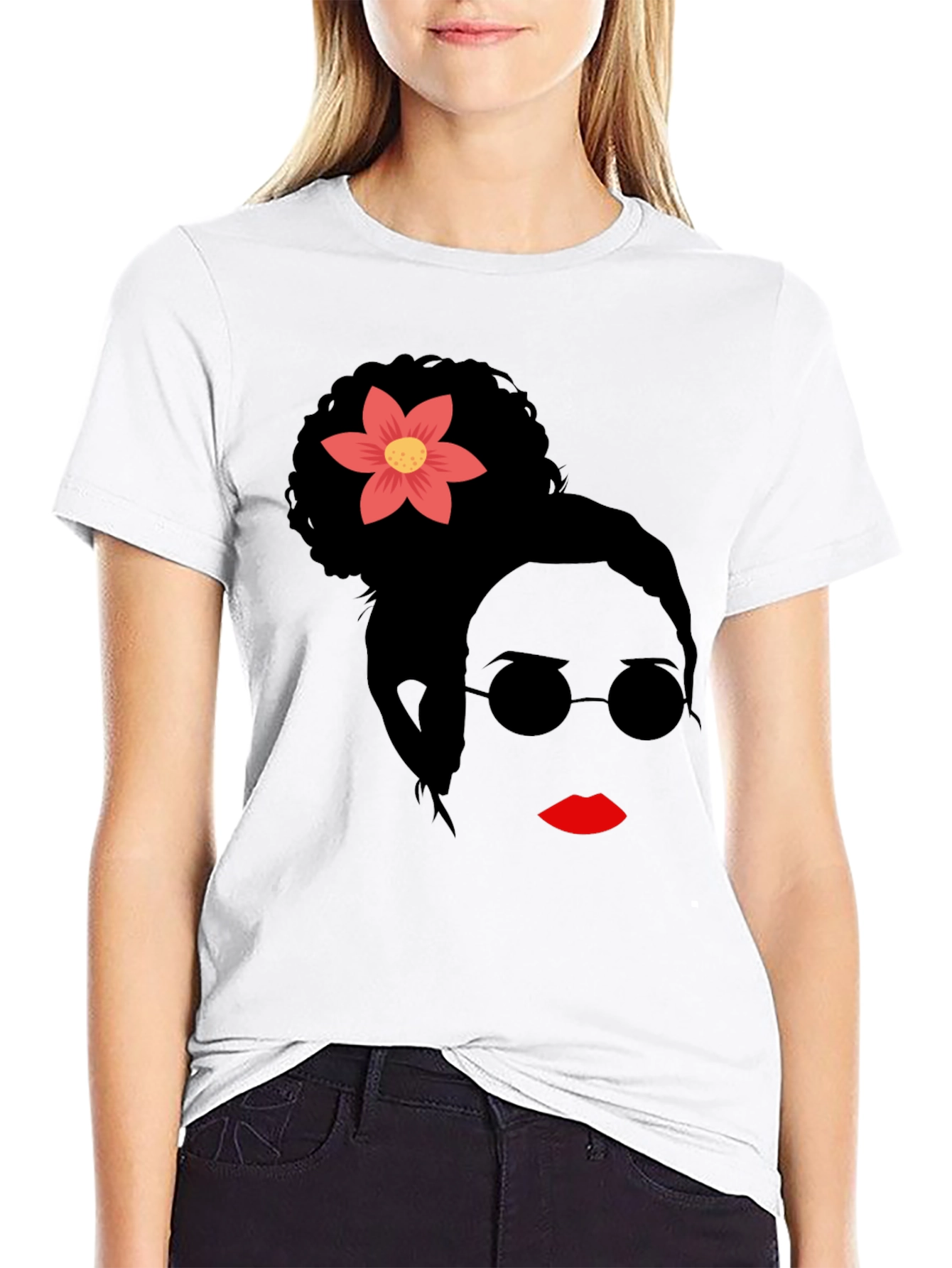 Stylish Woman with Flower Graphic T-Shirt