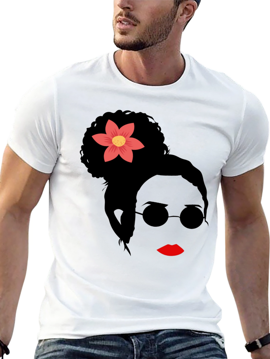 Stylish Woman with Flower Graphic T-Shirt