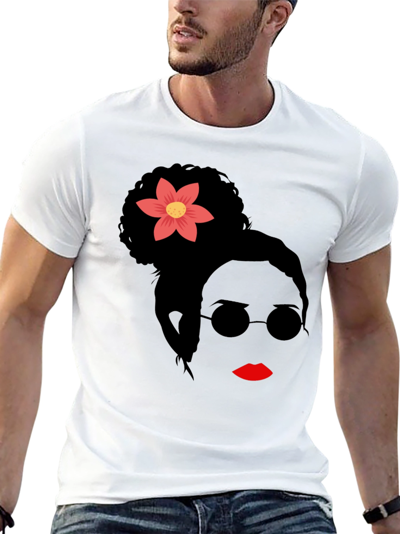 Stylish Woman with Flower Graphic T-Shirt