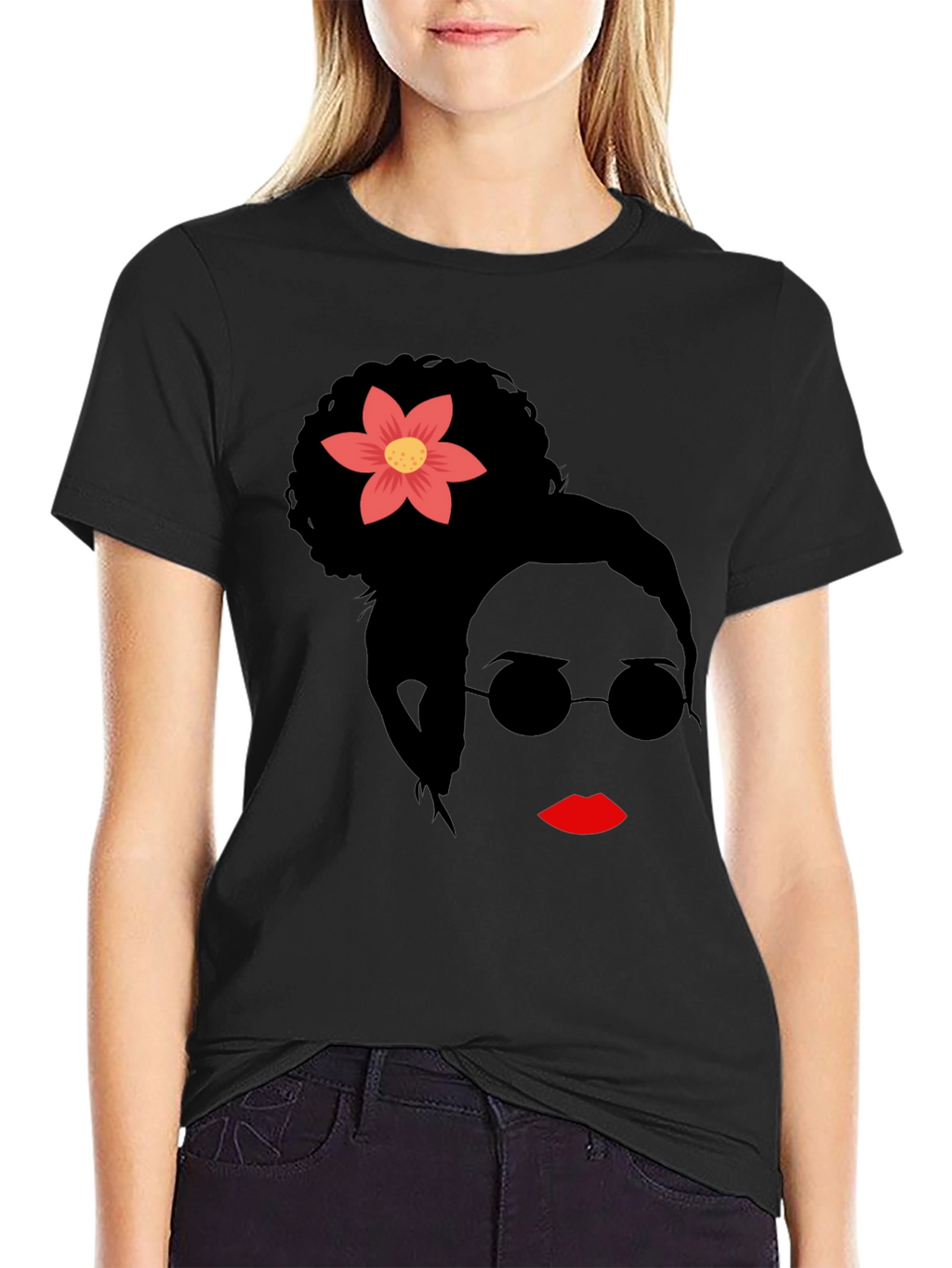 Stylish Woman with Flower Graphic T-Shirt