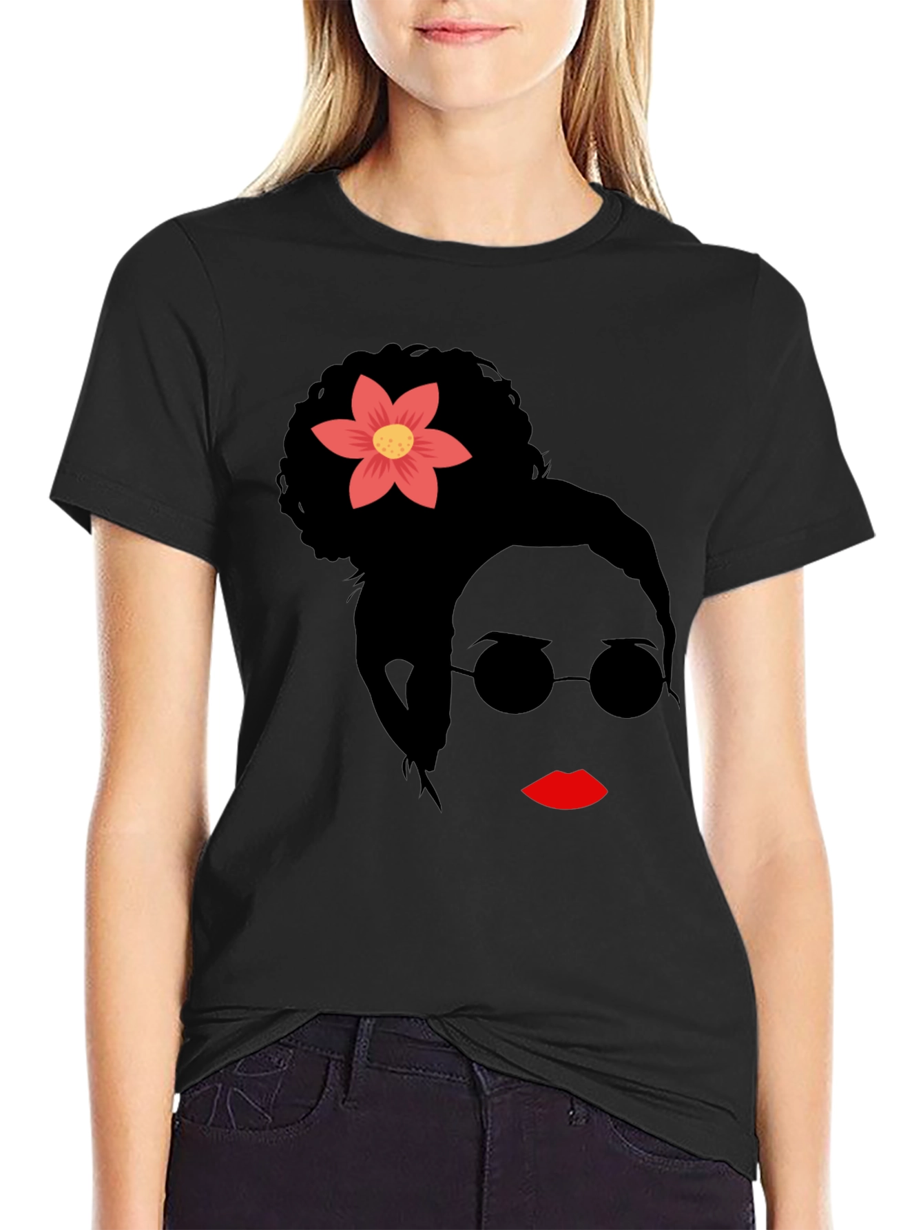 Stylish Woman with Flower Graphic T-Shirt