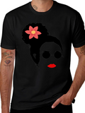 Stylish Woman with Flower Graphic T-Shirt