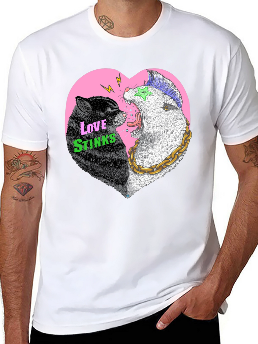 Love Stinks T-Shirt - Punk Cat & Opossum Heart
