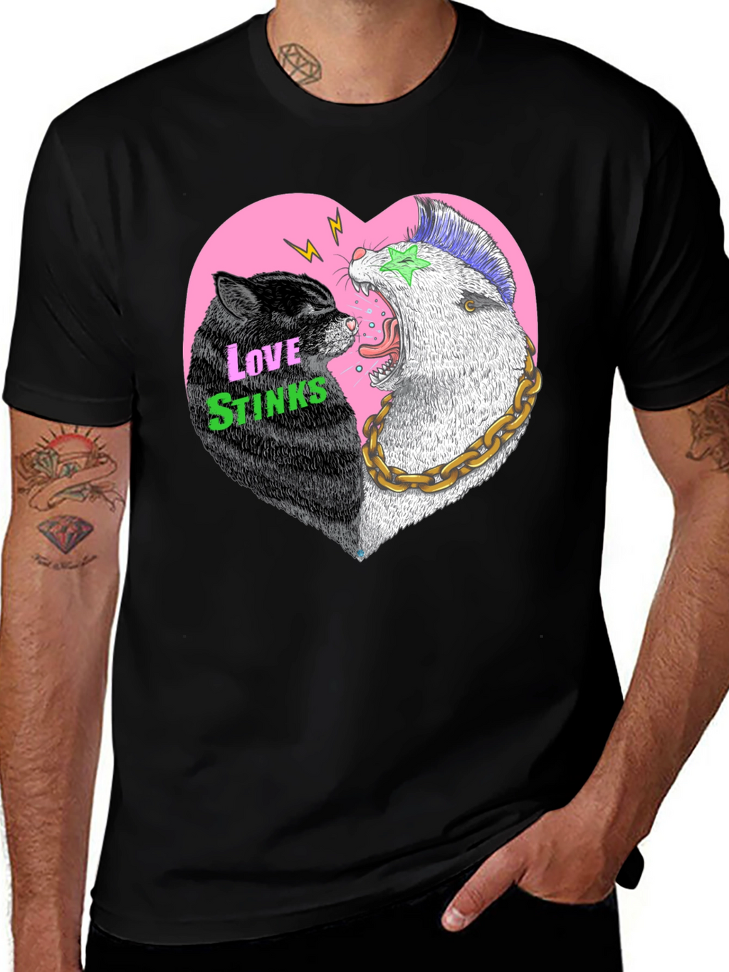 Love Stinks T-Shirt - Punk Cat & Opossum Heart