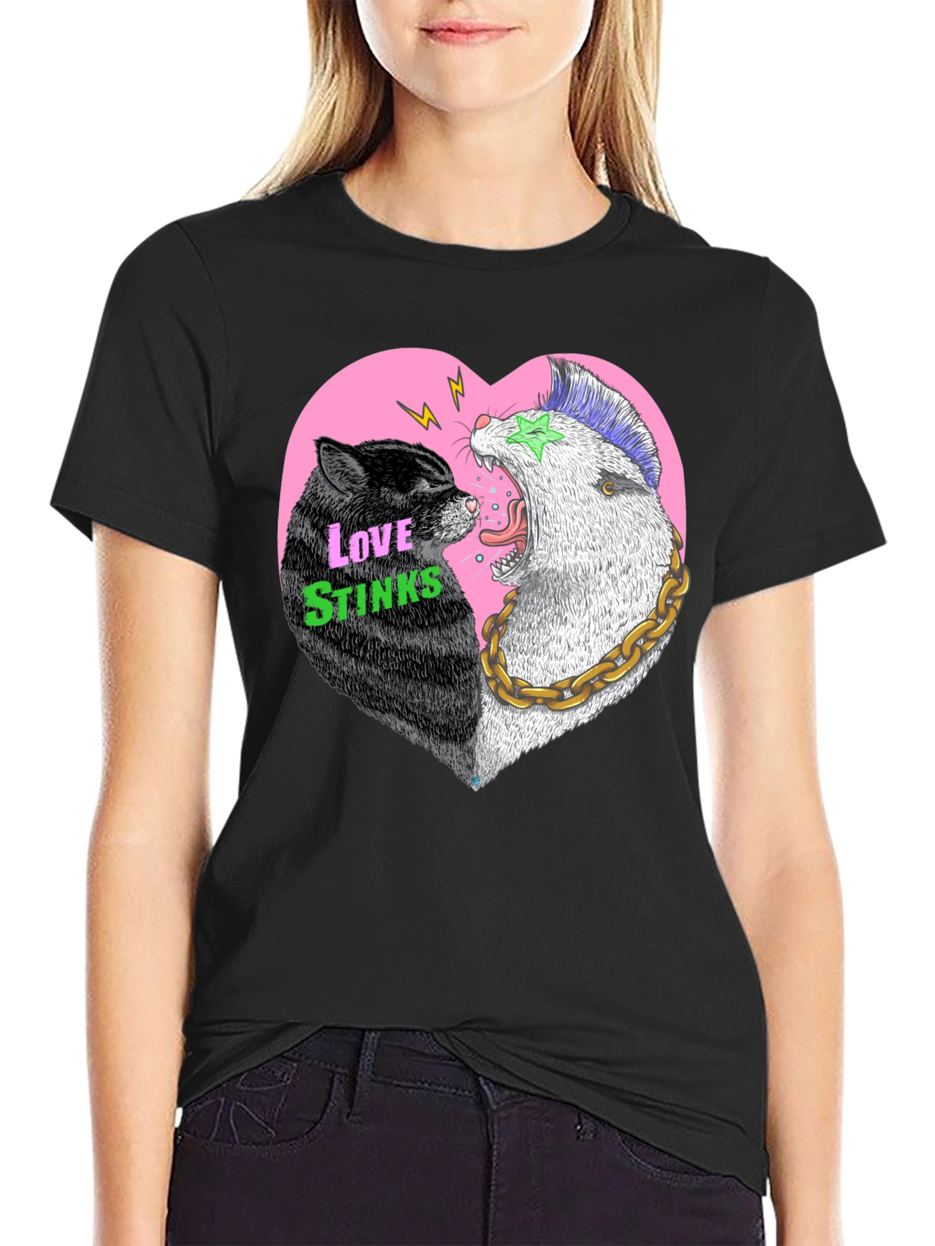 Love Stinks T-Shirt - Punk Cat & Opossum Heart
