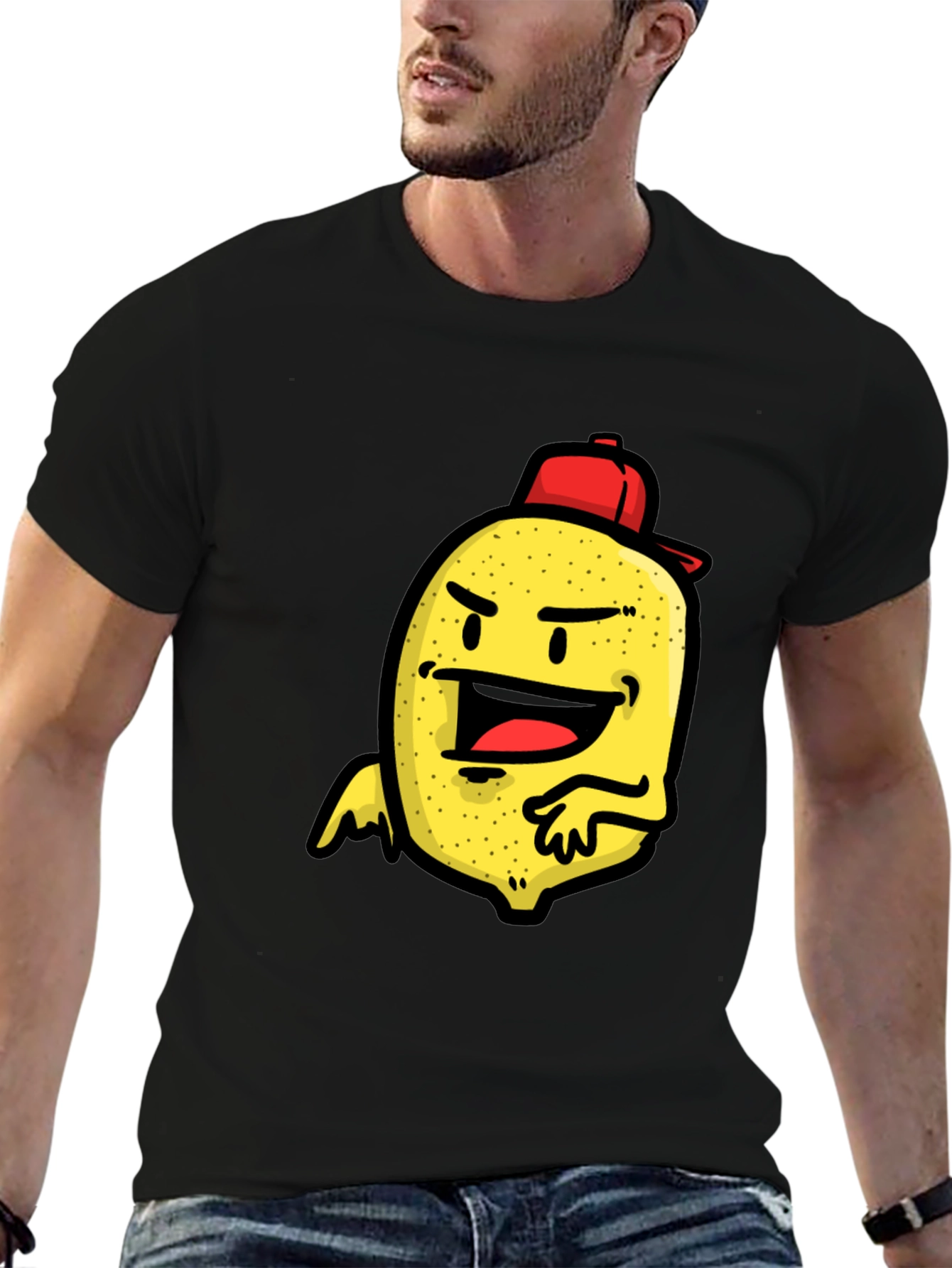 Cartoon Lemon Character Print Black T-Shirt