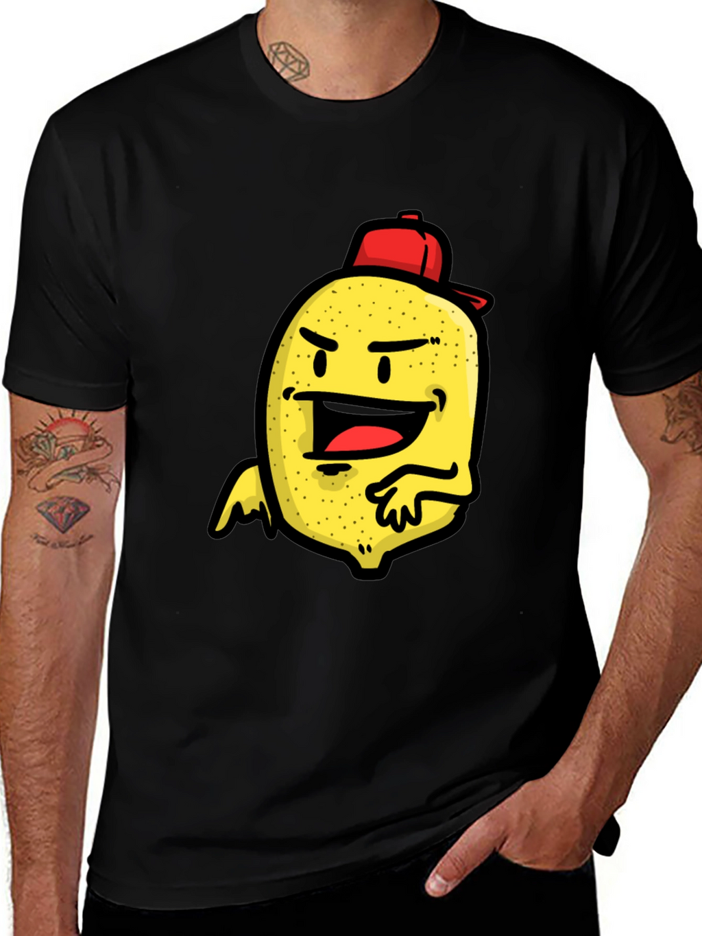 Cartoon Lemon Character Print Black T-Shirt