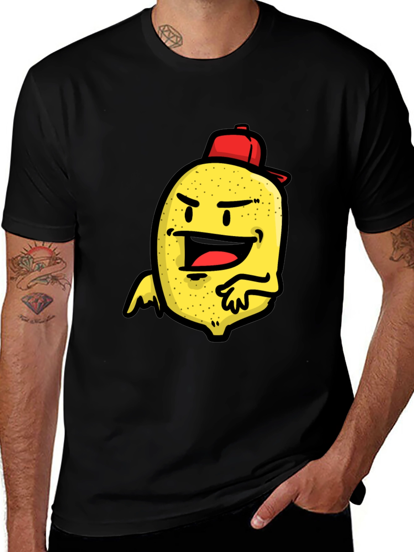 Cartoon Lemon Character Print Black T-Shirt