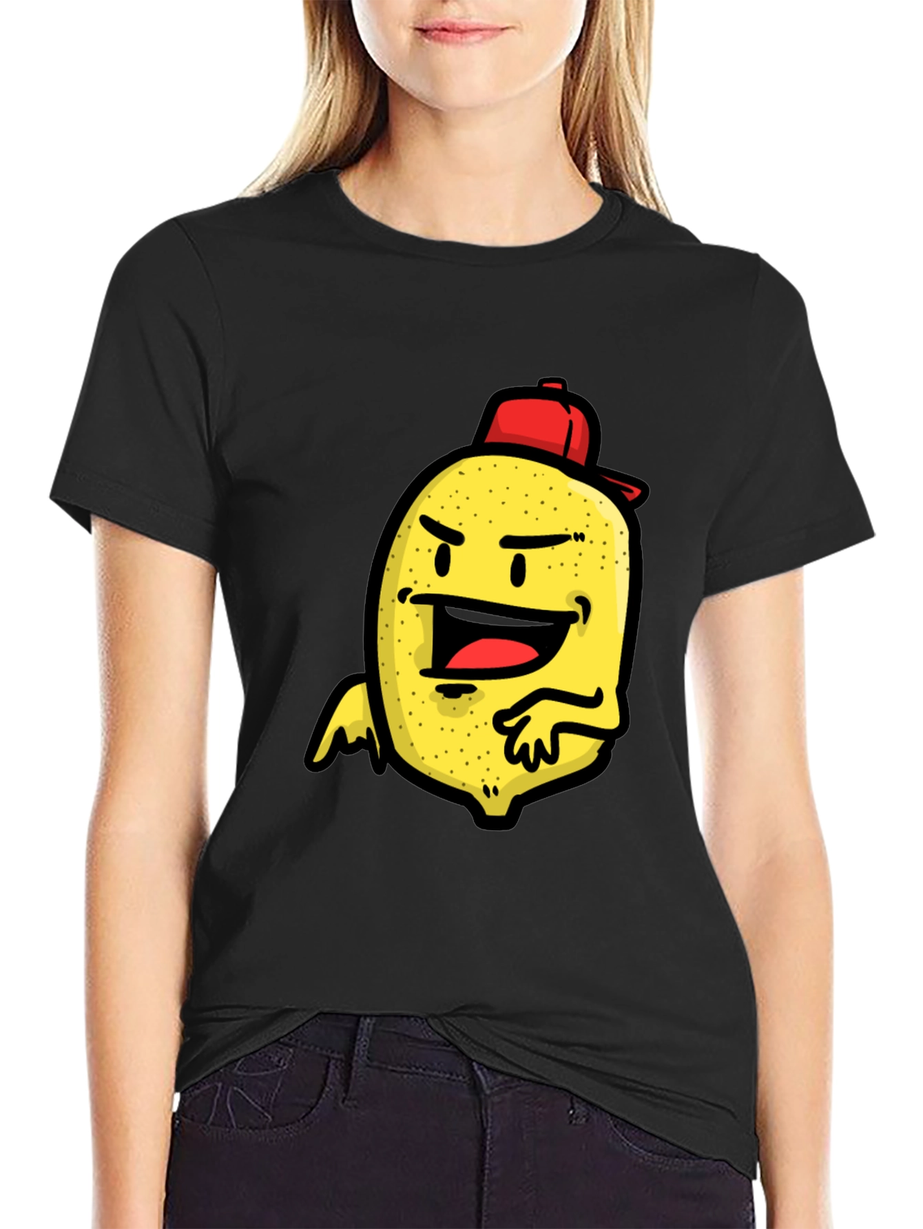 Cartoon Lemon Character Print Black T-Shirt