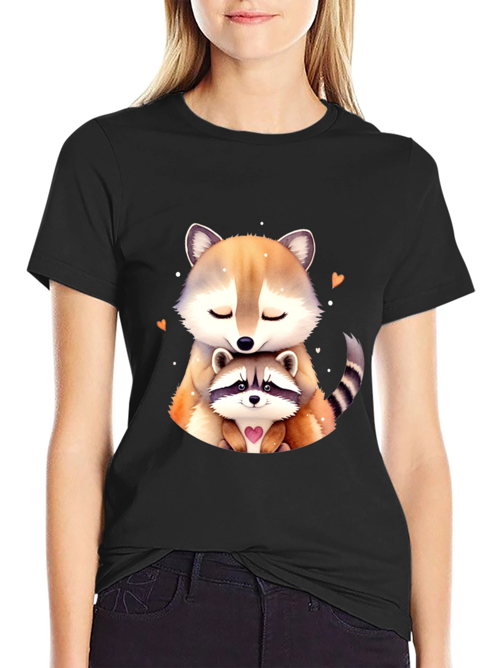 Cute Raccoon Mom and Baby Black T-Shirt