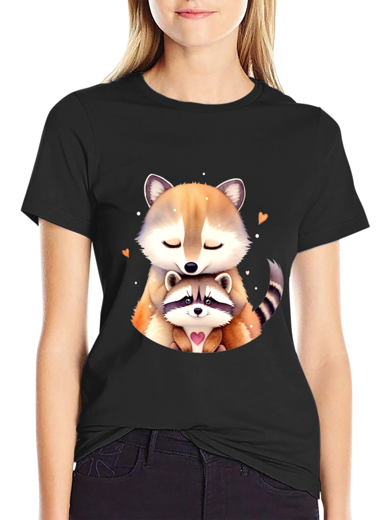 Cute Raccoon Mom and Baby Black T-Shirt