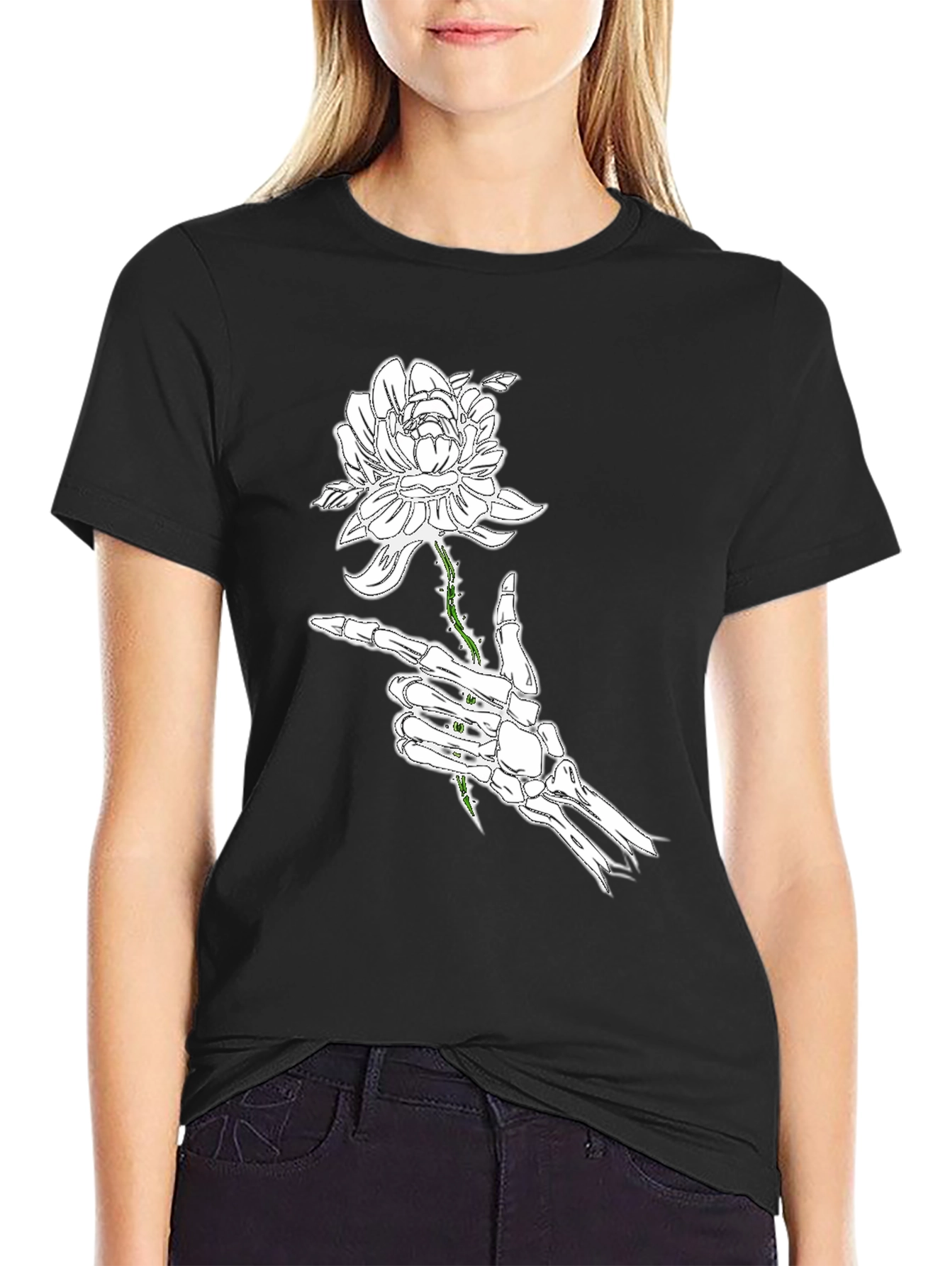 Skeleton Hand Rose Black Graphic Tee