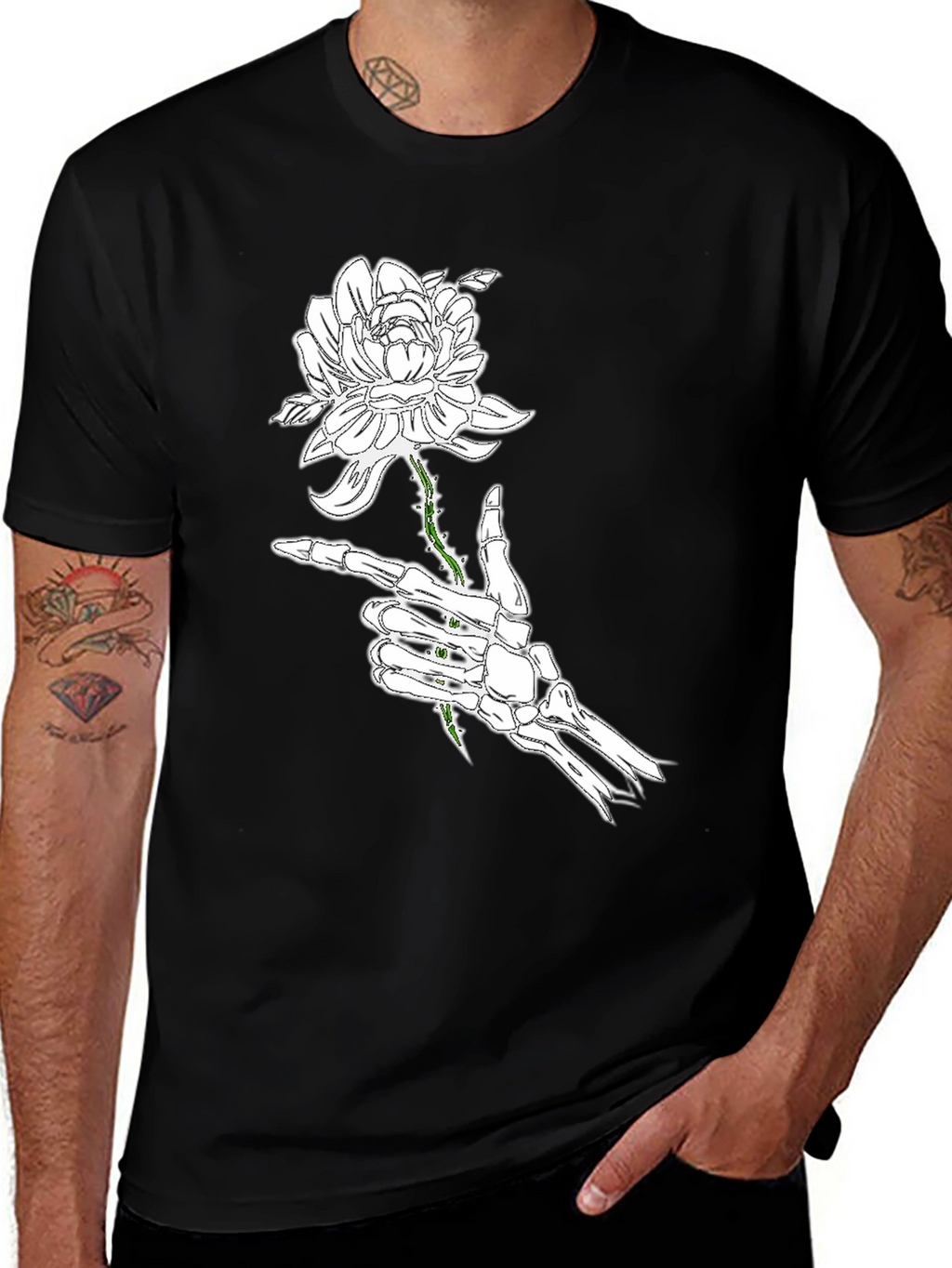 Skeleton Hand Rose Black Graphic Tee
