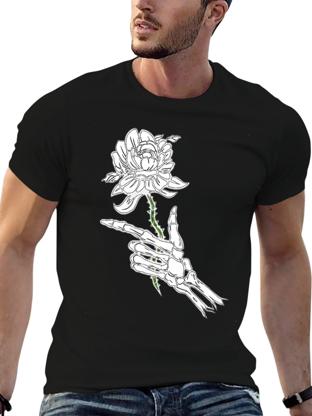 Skeleton Hand Rose Black Graphic Tee