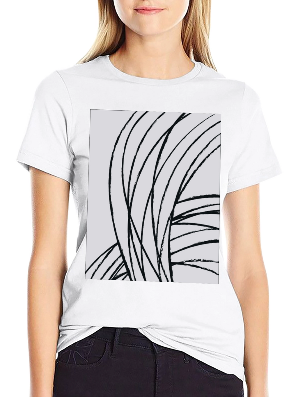 Abstract Lines Graphic Tee - Black Cotton Casual Top