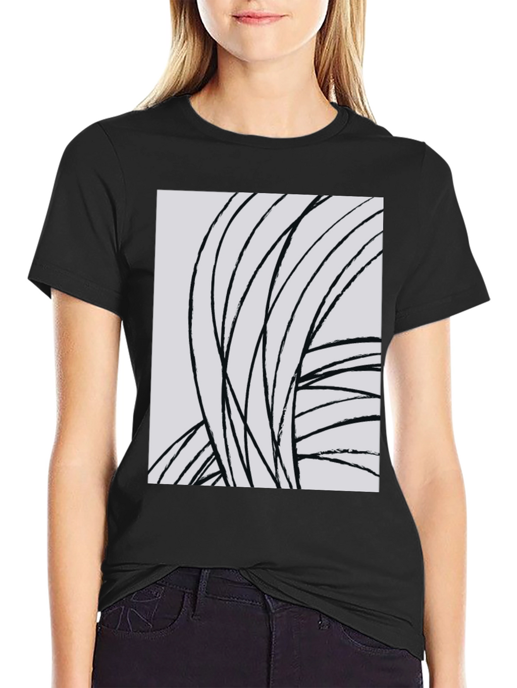 Abstract Lines Graphic Tee - Black Cotton Casual Top