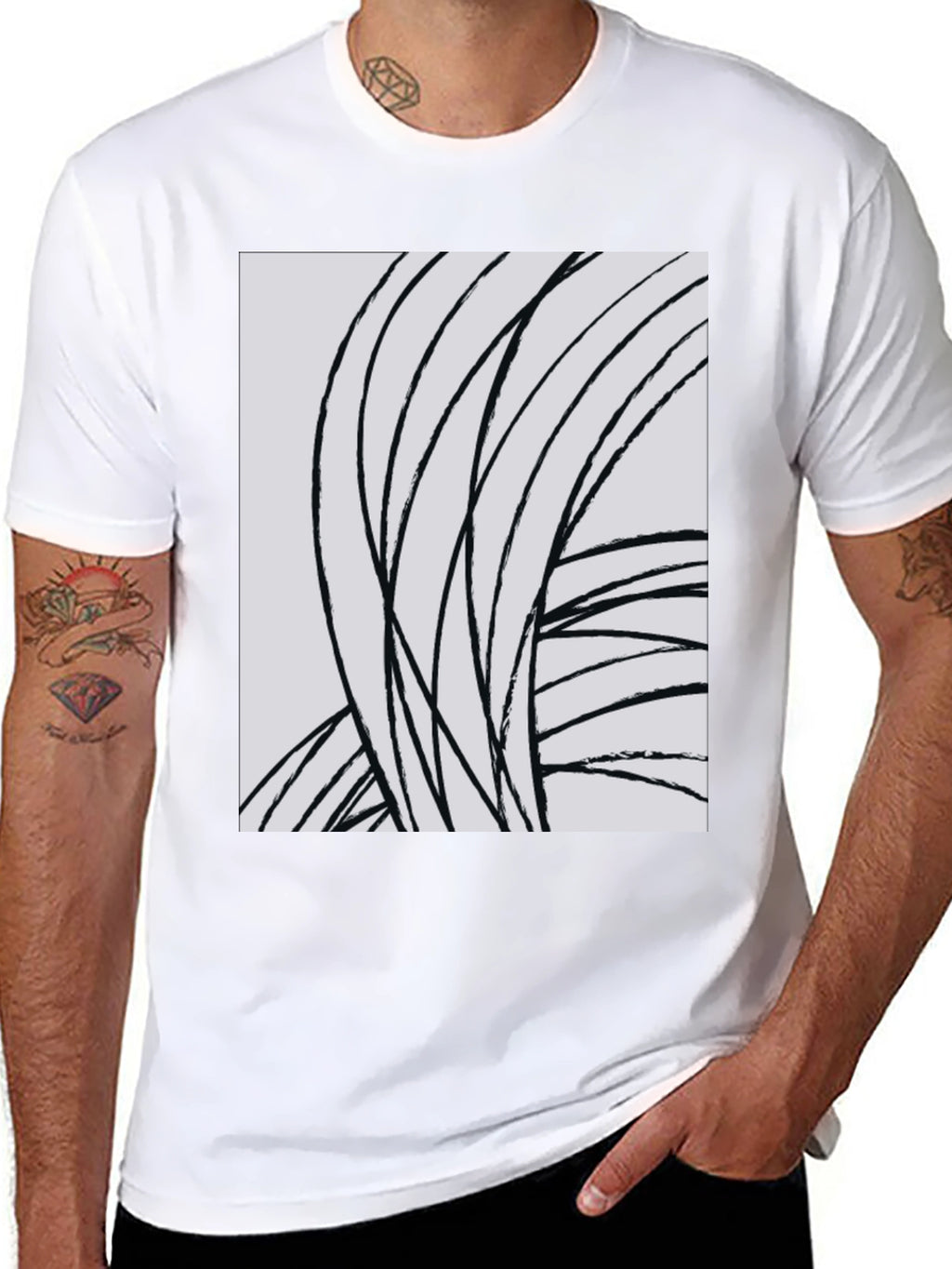Abstract Lines Graphic Tee - Black Cotton Casual Top