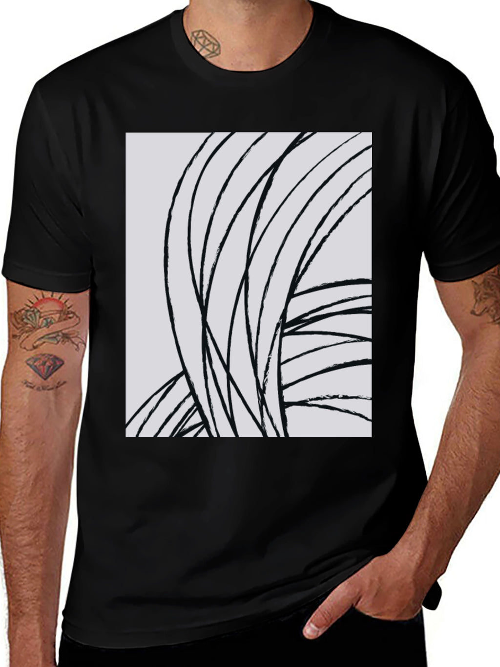 Abstract Lines Graphic Tee - Black Cotton Casual Top