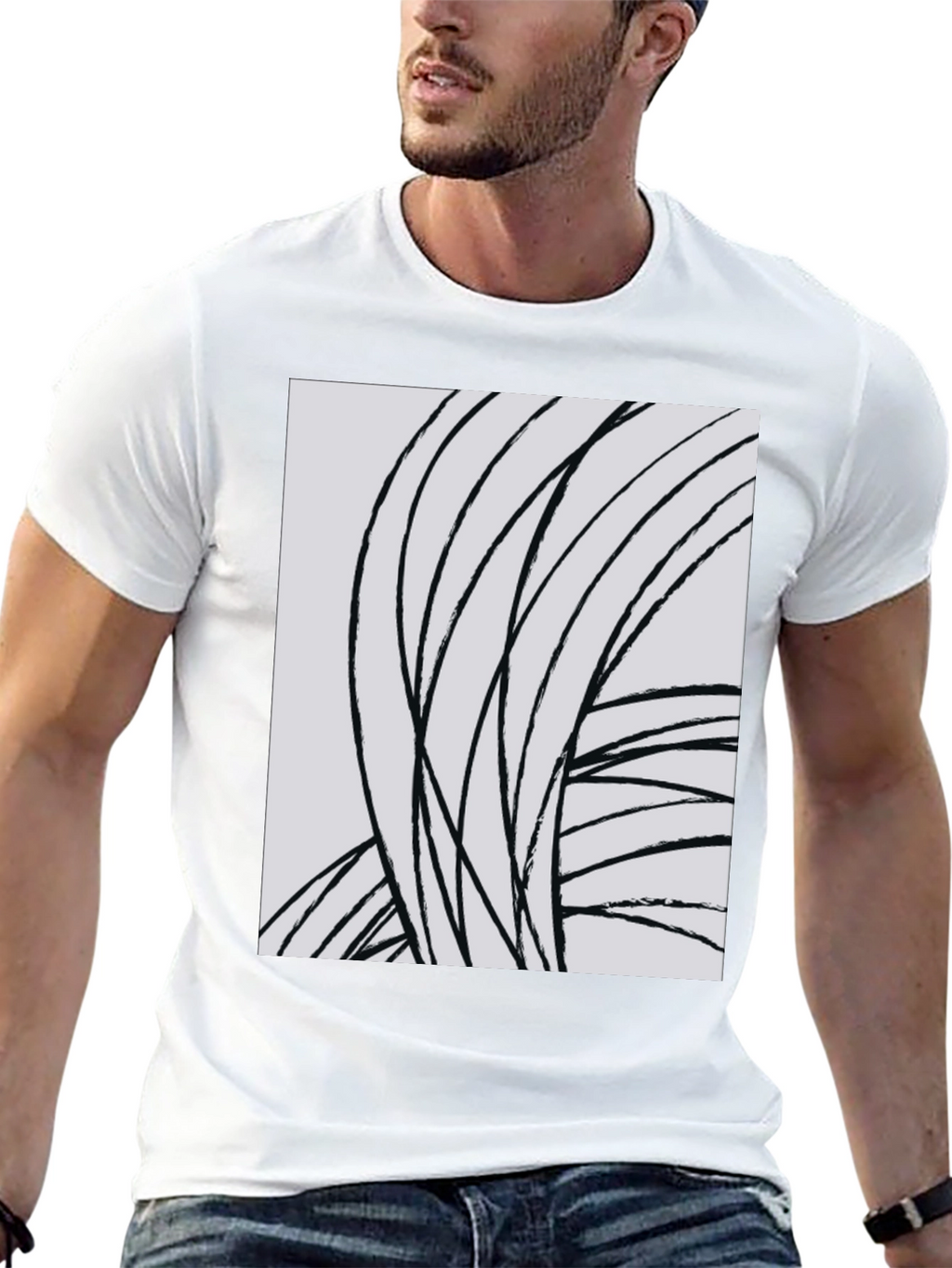 Abstract Lines Graphic Tee - Black Cotton Casual Top