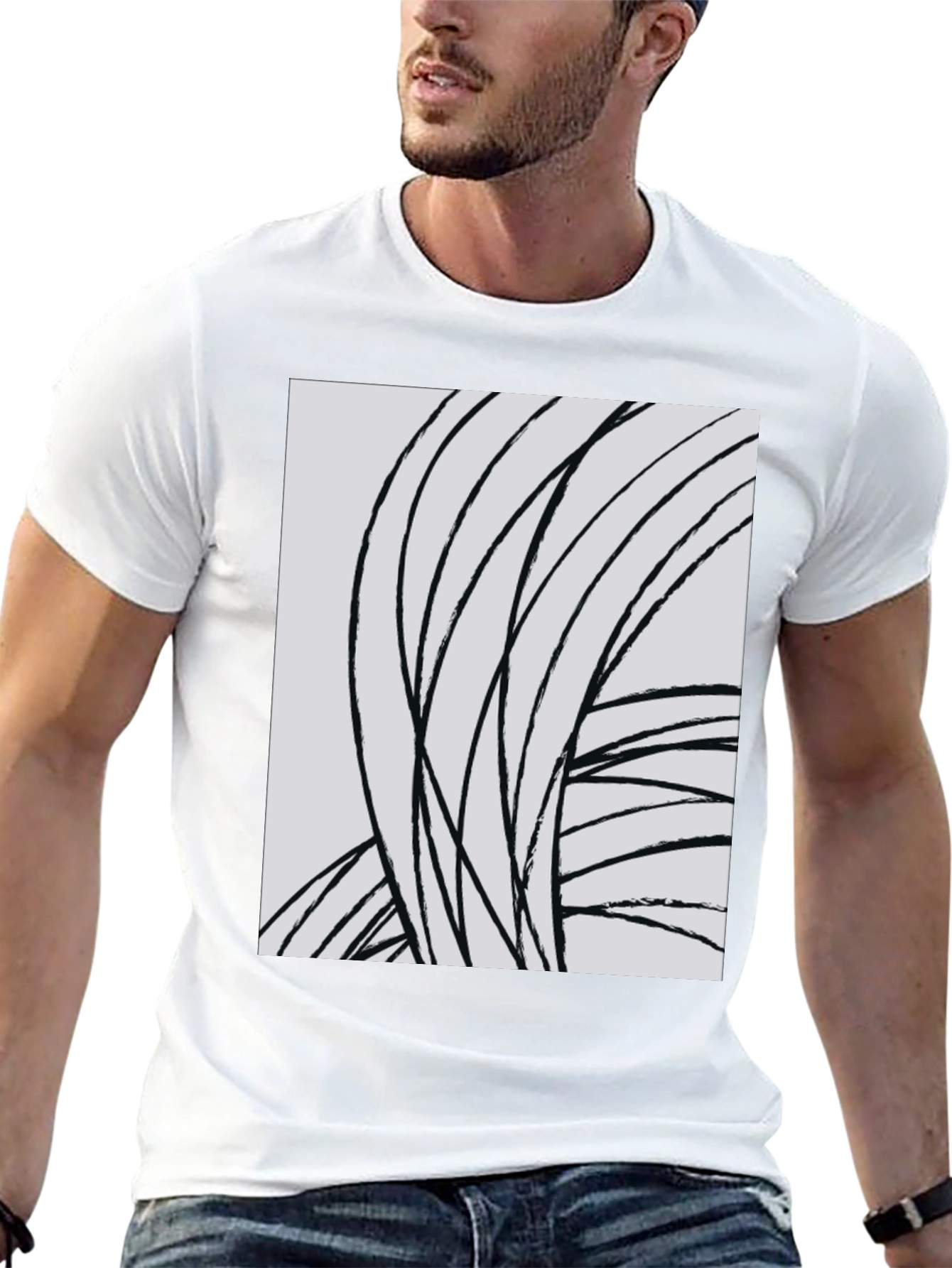 Abstract Lines Graphic Tee - Black Cotton Casual Top